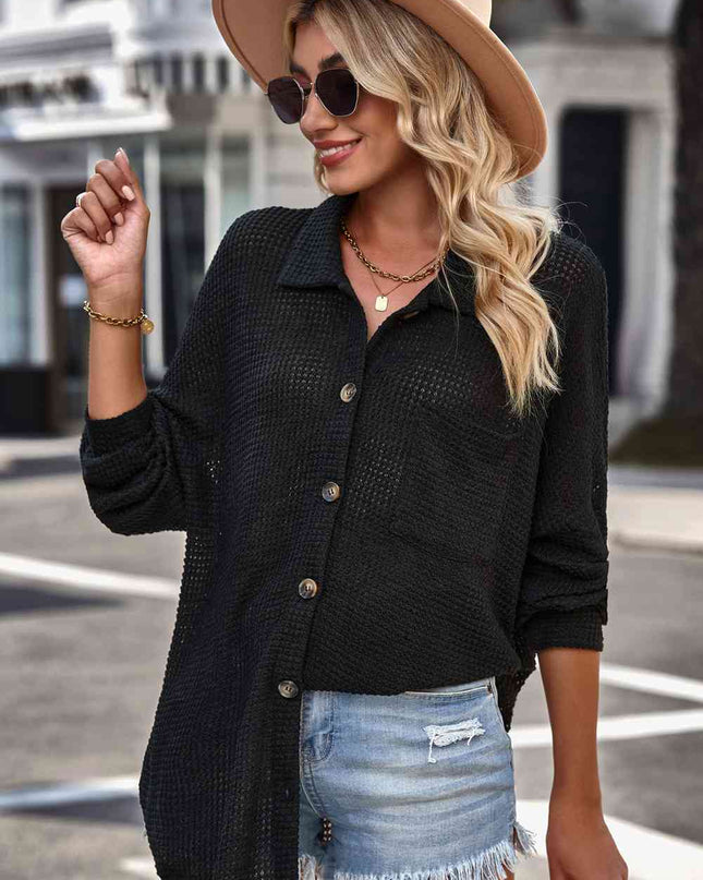 Waffle-Knit Collared Neck Dropped Shoulder Shirt