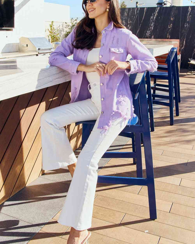 American Bazi Full Size Distressed Button Down Denim Jacket in Lavender