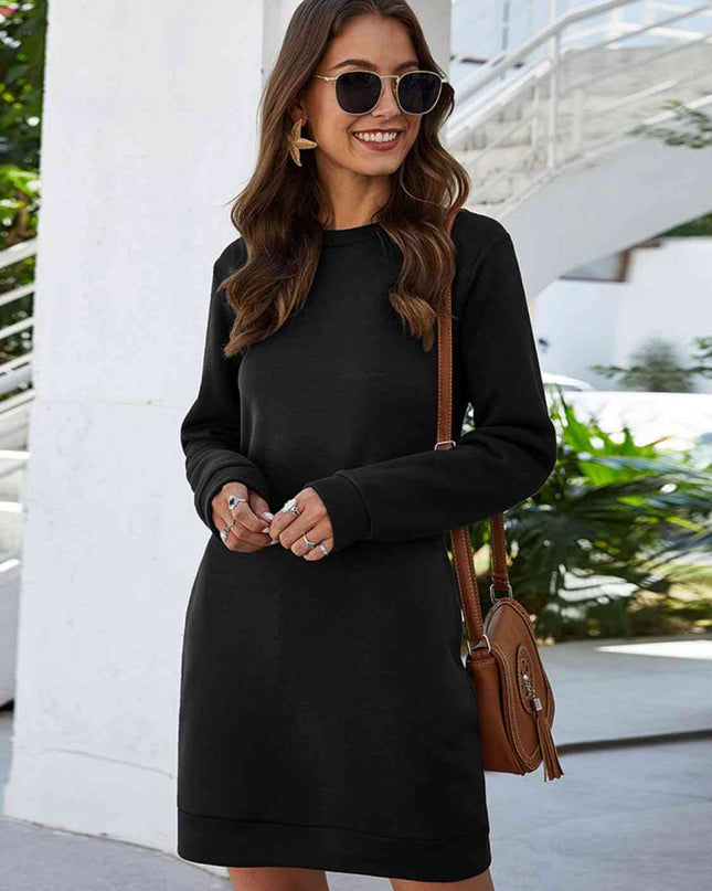 Round Neck Long Sleeve Mini Dress with Pockets