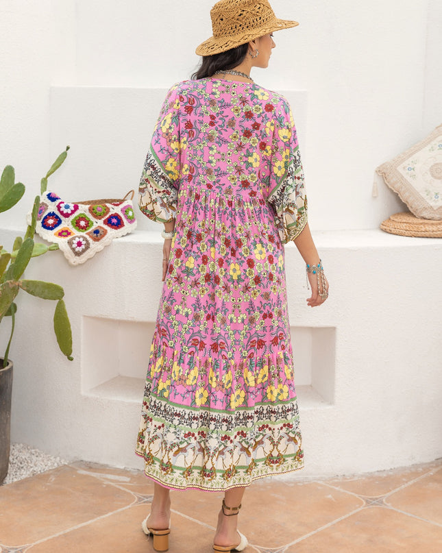 Printed V-Neck Balloon Sleeve Dress