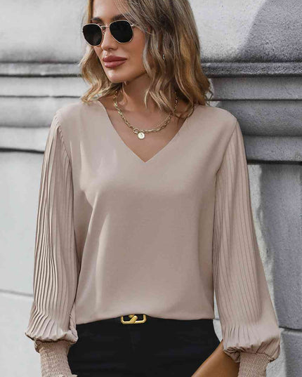 Pleated Lantern Sleeve V-Neck Blouse