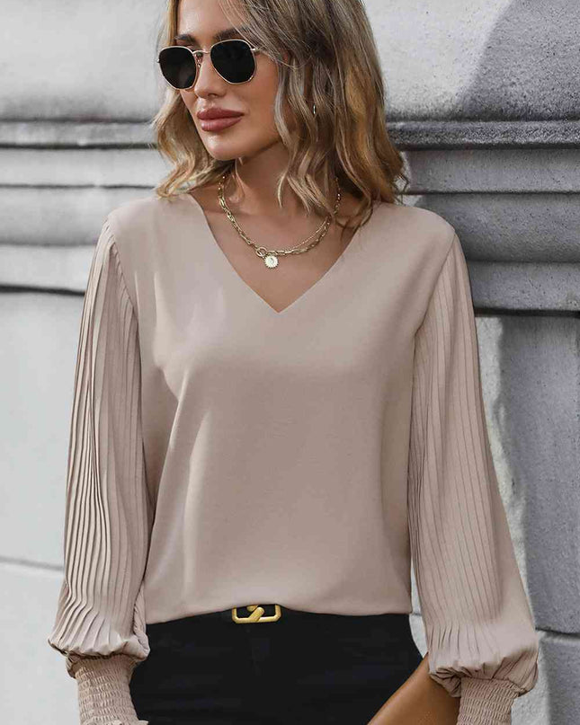 Pleated Lantern Sleeve V-Neck Blouse