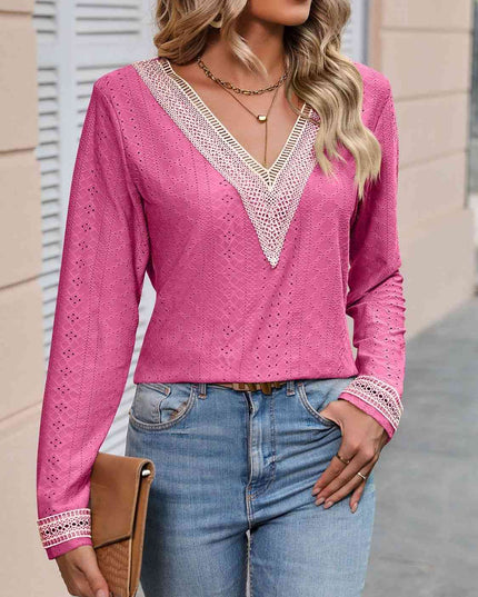 Double Take Contrast V-Neck Eyelet Long Sleeve Top