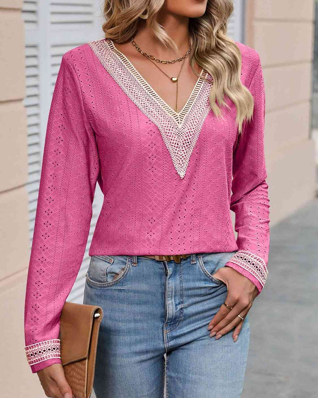 Double Take Contrast V-Neck Eyelet Long Sleeve Top