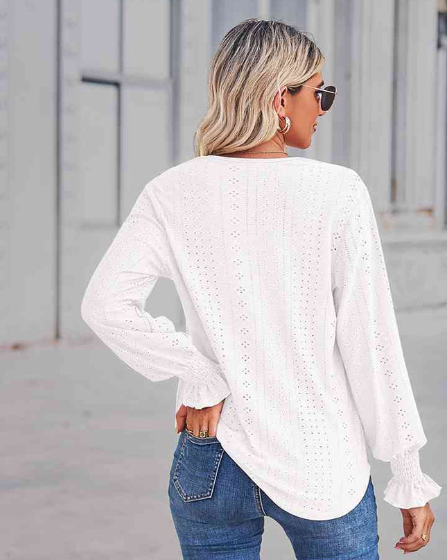 V-Neck Eyelet Flounce Sleeve Blouse