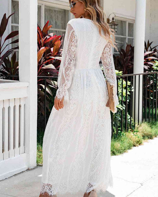 Scalloped Hem Flounce Sleeve Lace V-Neck Maxi Dress