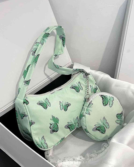 Butterfly Print Shoulder Bag with Purse