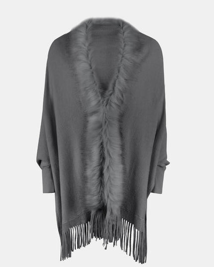 Fringe Open Front Long Sleeve Poncho