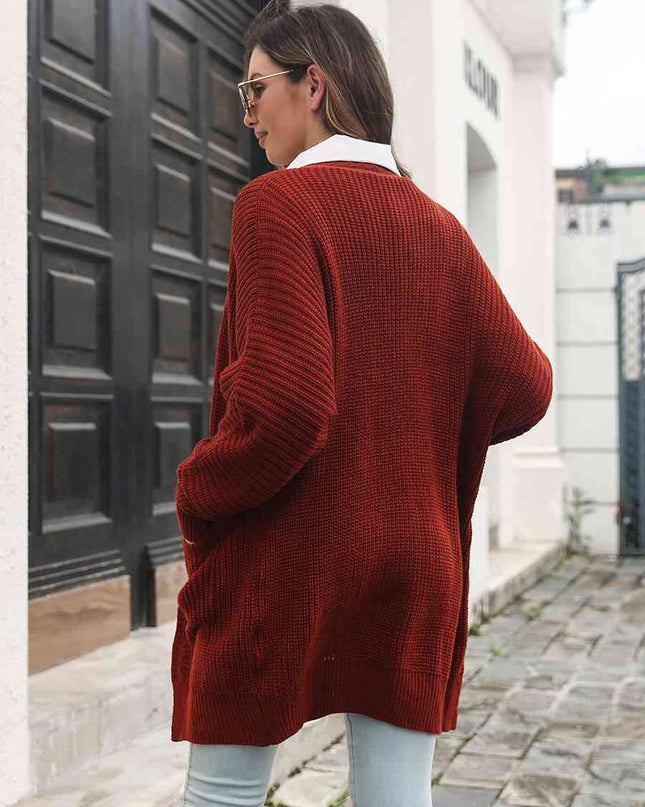 Open Front Rib-Knit Cardigan with Pockets