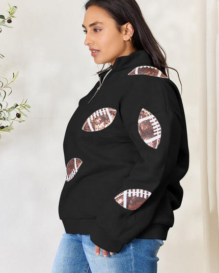 Double Take Full Size Sequin Football Half Zip Long Sleeve Sweatshirt