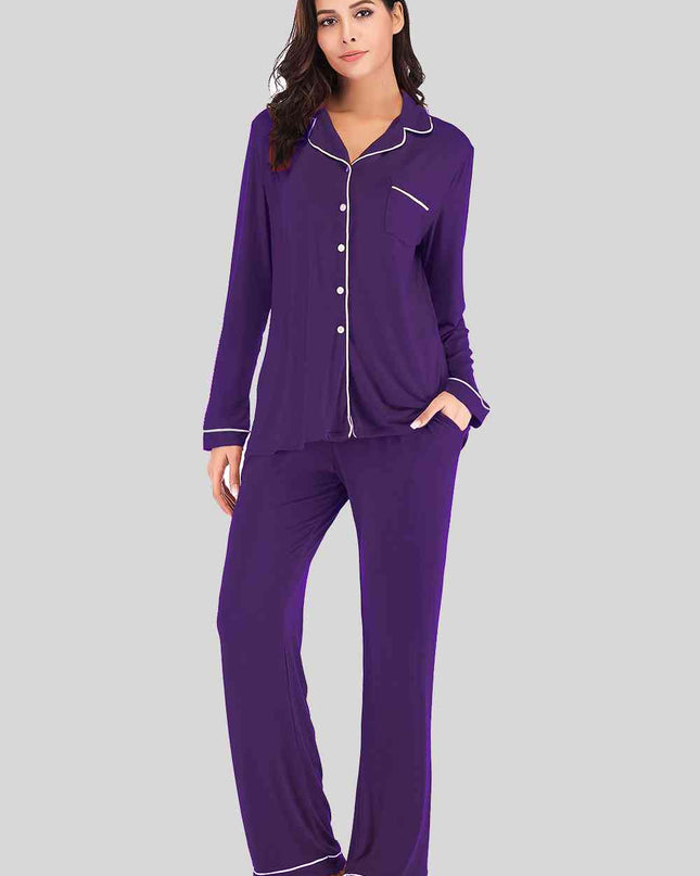 Collared Neck Long Sleeve Loungewear Set with Pockets