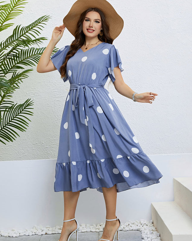 Polka Dot Belted Flutter Sleeve Ruffle Hem Dress