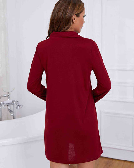Heart Graphic Lapel Collar Long Sleeve Night Dress