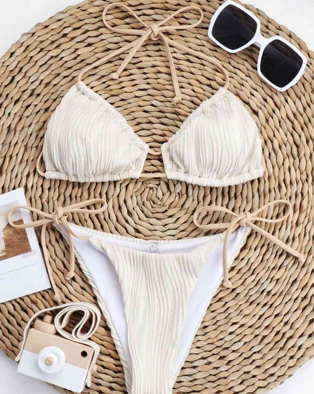 Textured Halter Neck Tied Bikini Set