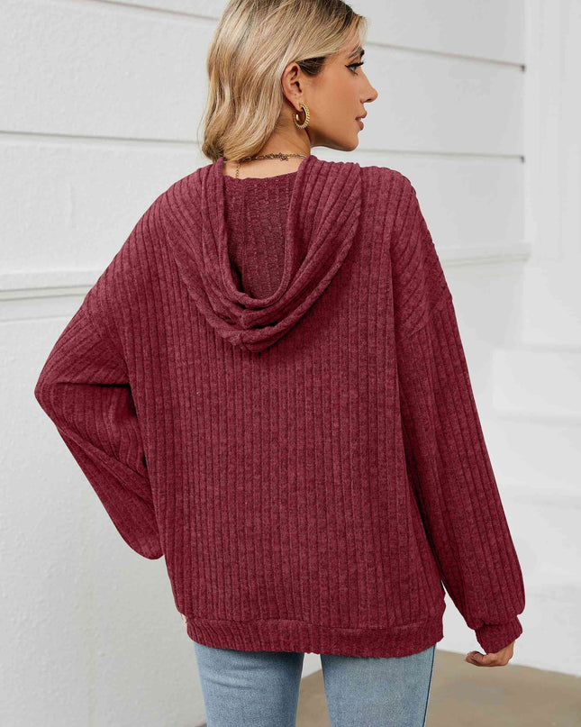 Drawstring Dropped Shoulder Ribbed Hoodie