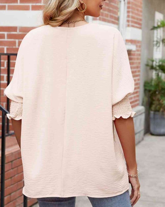 Round Neck Smocked Lantern Sleeve Blouse