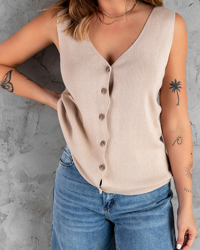 Button Front Ribbed Sleeveless Top