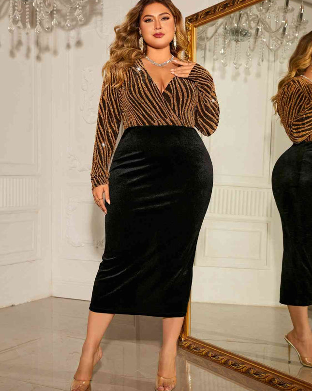 Plus Size Surplice Neck Long Sleeve Slit Dress