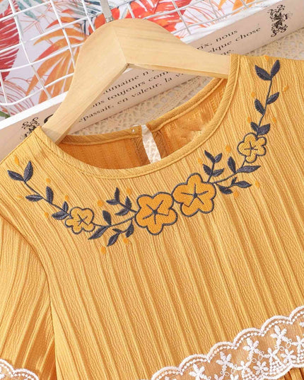 Lace Waistband Embroidery Round Neck Flounce Sleeve Dress