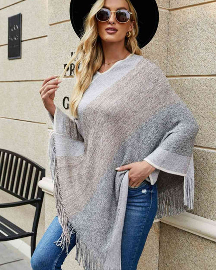 Color Block Fringe Hem Poncho