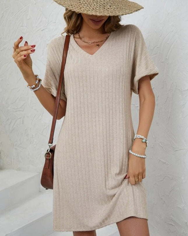Ribbed V-Neck Short Sleeve Dress