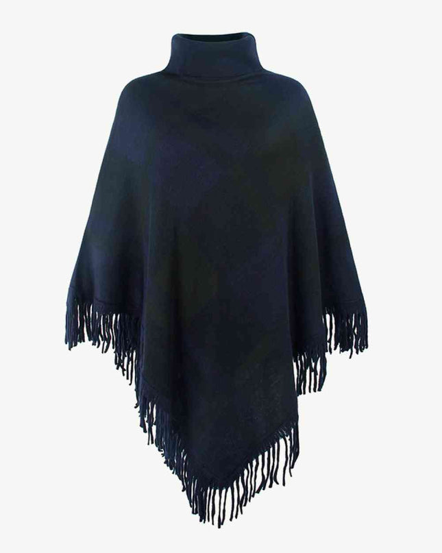 Plaid Turtleneck Fringe Hem Poncho