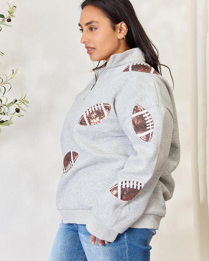 Double Take Full Size Sequin Football Half Zip Long Sleeve Sweatshirt