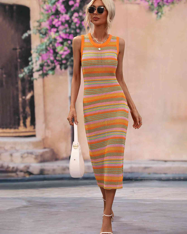 Striped Round Neck Sleeveless Midi Cover Up Dress