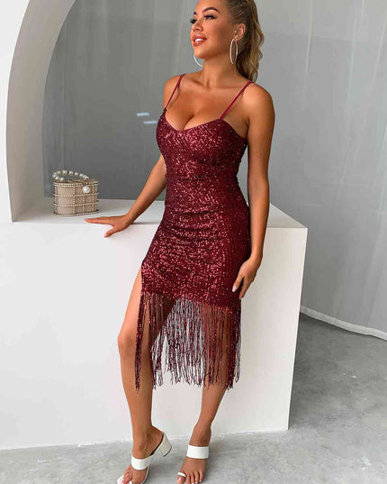 Sequin Fringe Spaghetti Strap Dress