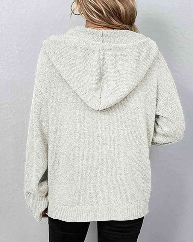 Button Up Drawstring Long Sleeve Hooded Cardigan