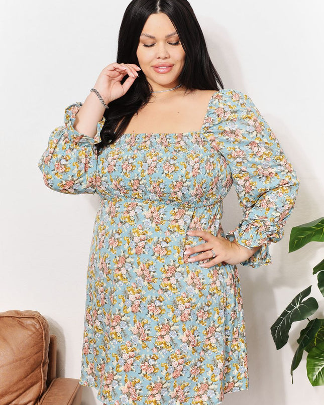 Double Take Floral Smocked Flounce Sleeve Square Neck Dress