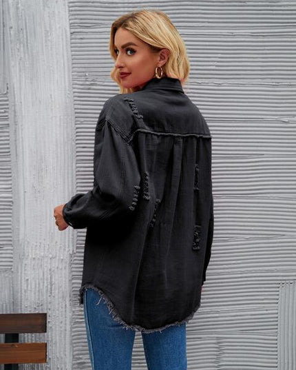 Distressed Raw Hem Denim Jacket