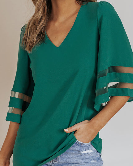 Sheer Striped Flare Sleeve V-Neck Blouse