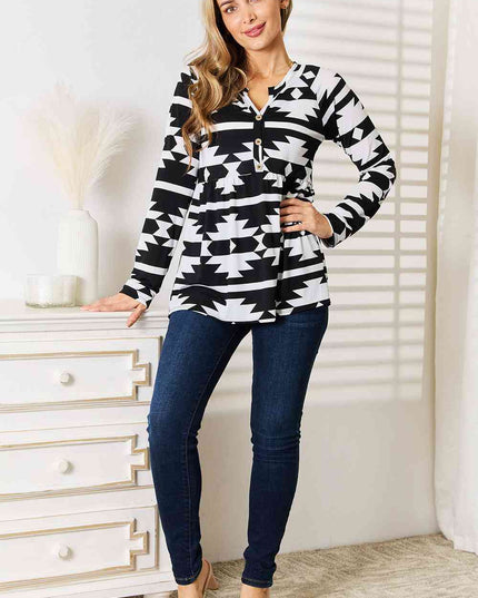 Heimish Full Size Geometric Notched Neck Long Sleeve Top