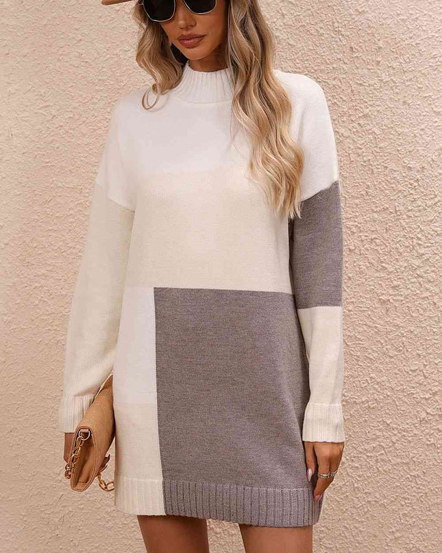 Color Block Mock Neck Dropped Shoulder Sweater Dress