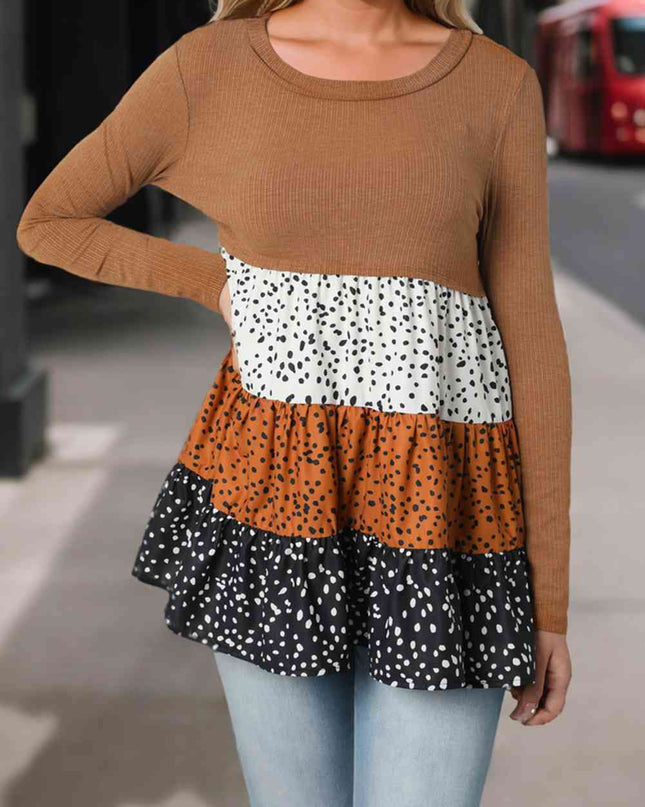 Round Neck Long Sleeve Color Block Blouse