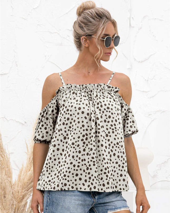 Printed Cold-Shoulder Frill Trim Blouse