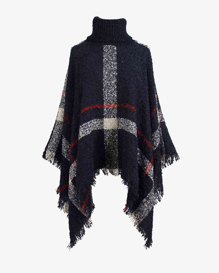 Plaid Turtleneck Raw Hem Poncho