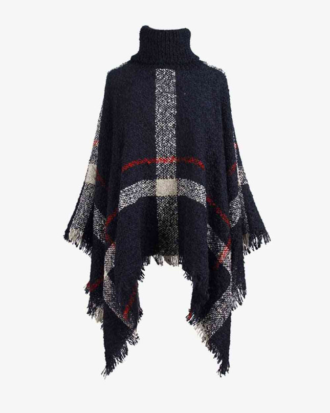 Plaid Turtleneck Raw Hem Poncho