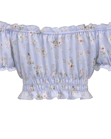 Cropped Off-Shoulder Frill Trim Smocked Blouse