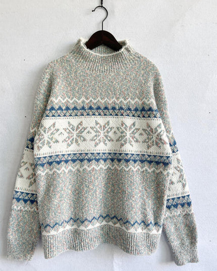 Geometric Mock Neck Dropped Shoulder Sweater