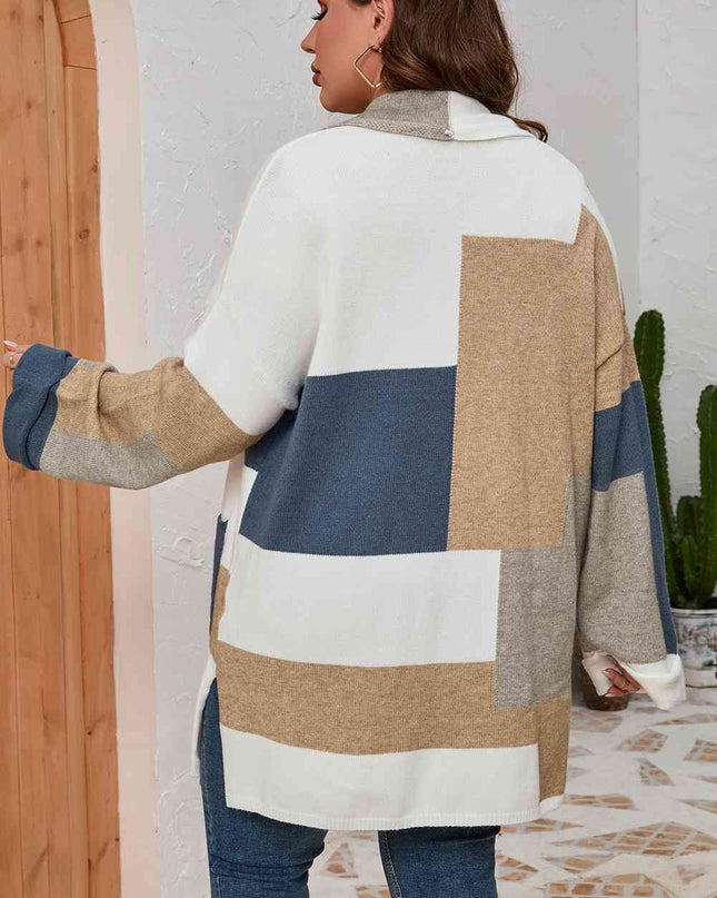 Plus Size Color Block Long Sleeve Cardigan