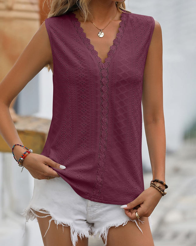 Spliced Lace V-Neck Sleeveless Tank