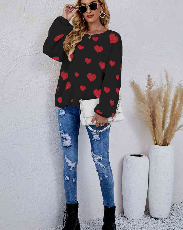 Woven Right Heart Print Fuzzy Crewneck Long Sleeve Sweater