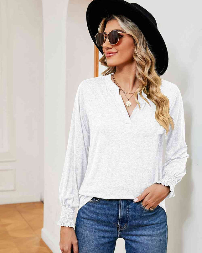 Notched Neck Long Sleeve Blouse