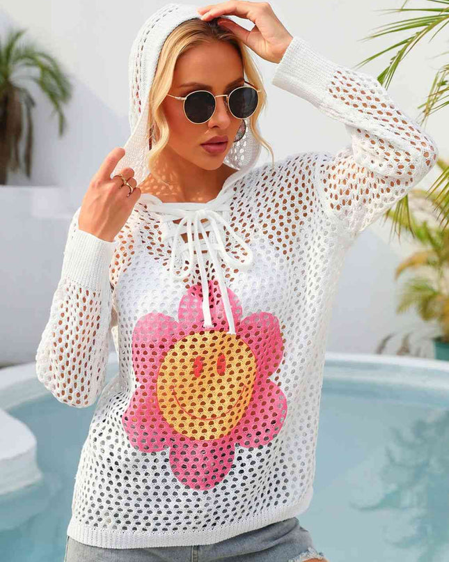 Flower Graphic Lace-Up Openwork Hooded Cover Up