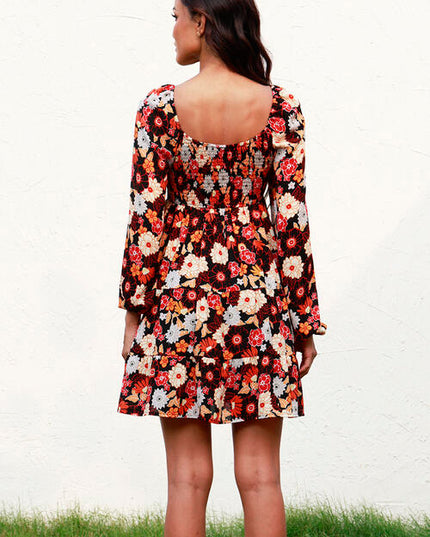 Floral Smocked Balloon Sleeve Tiered Dress