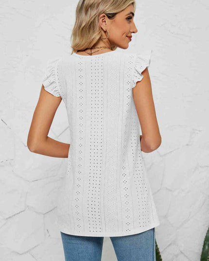 Smocked Round Neck Eyelet Top