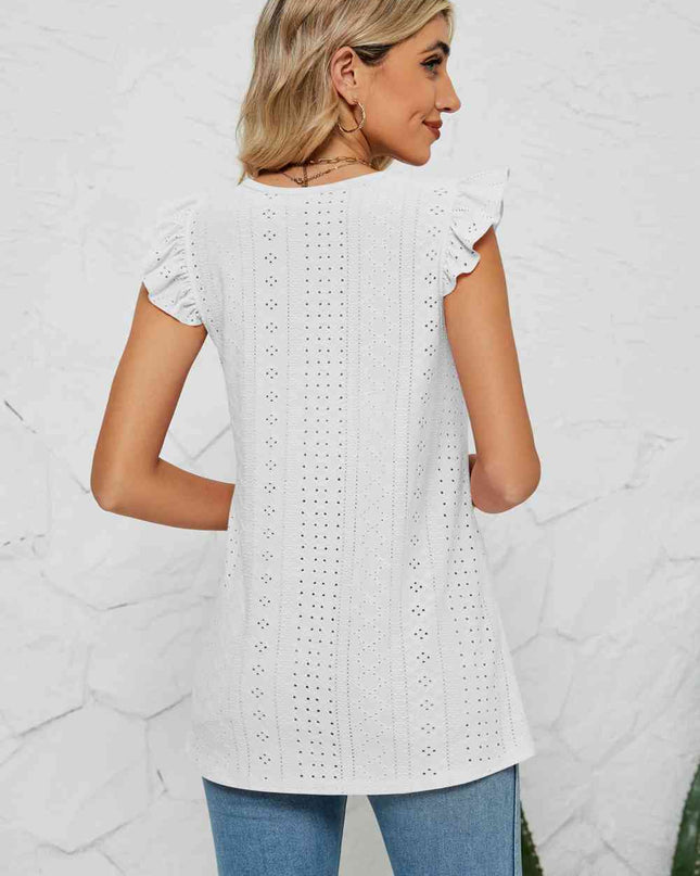 Smocked Round Neck Eyelet Top