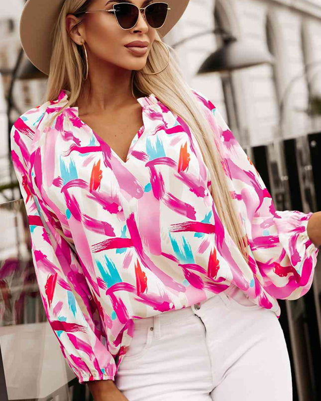 Printed V-Neck Balloon Sleeve Blouse